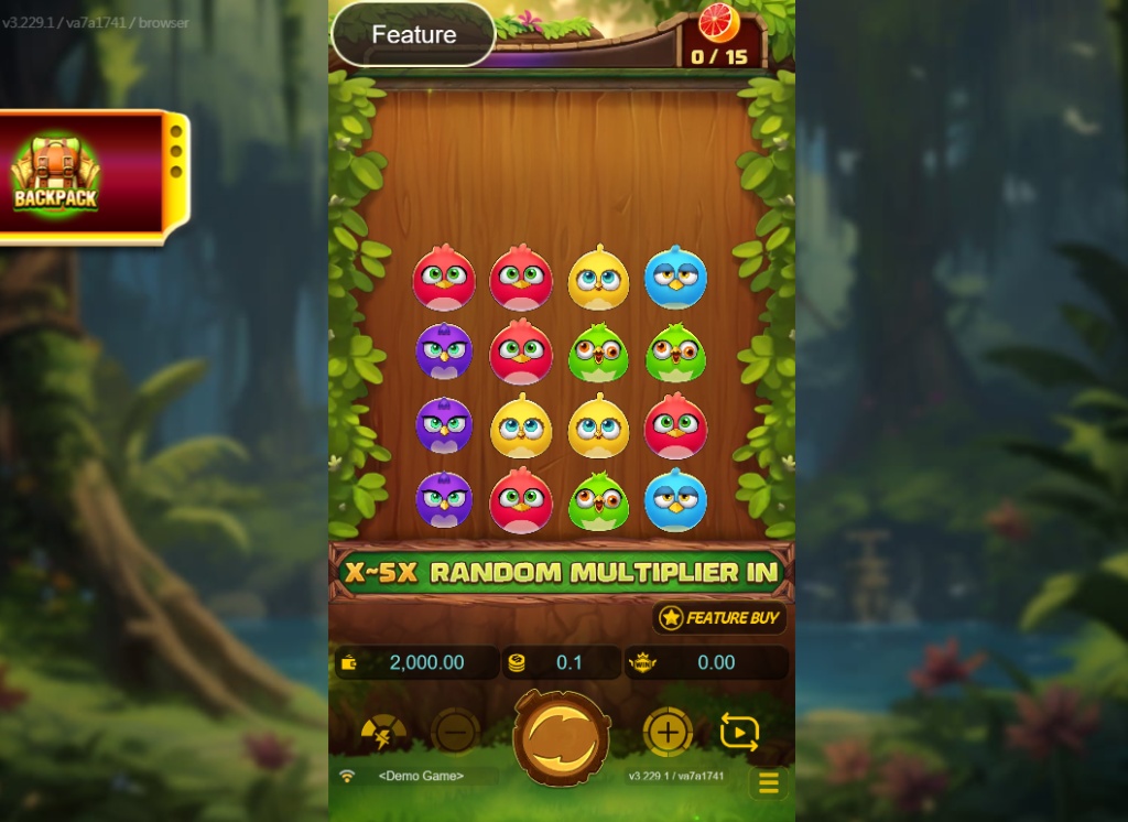 Birds Party slot base game interface showing the 4x4 grid filled with colorful bird symbols and the progression meter.