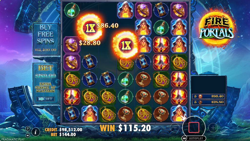 A winning cluster of high-value sorceress symbols activating the Tumble feature in the Fire Portals free play demo.