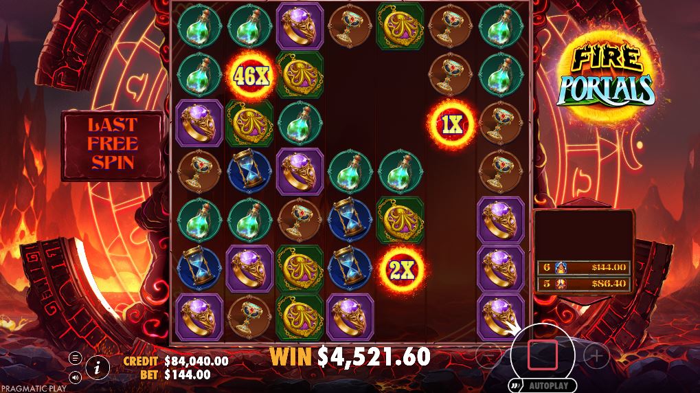 The Fire Portals bonus round in full swing, with multiple persistent wilds roaming the grid, each with an increasing multiplier.