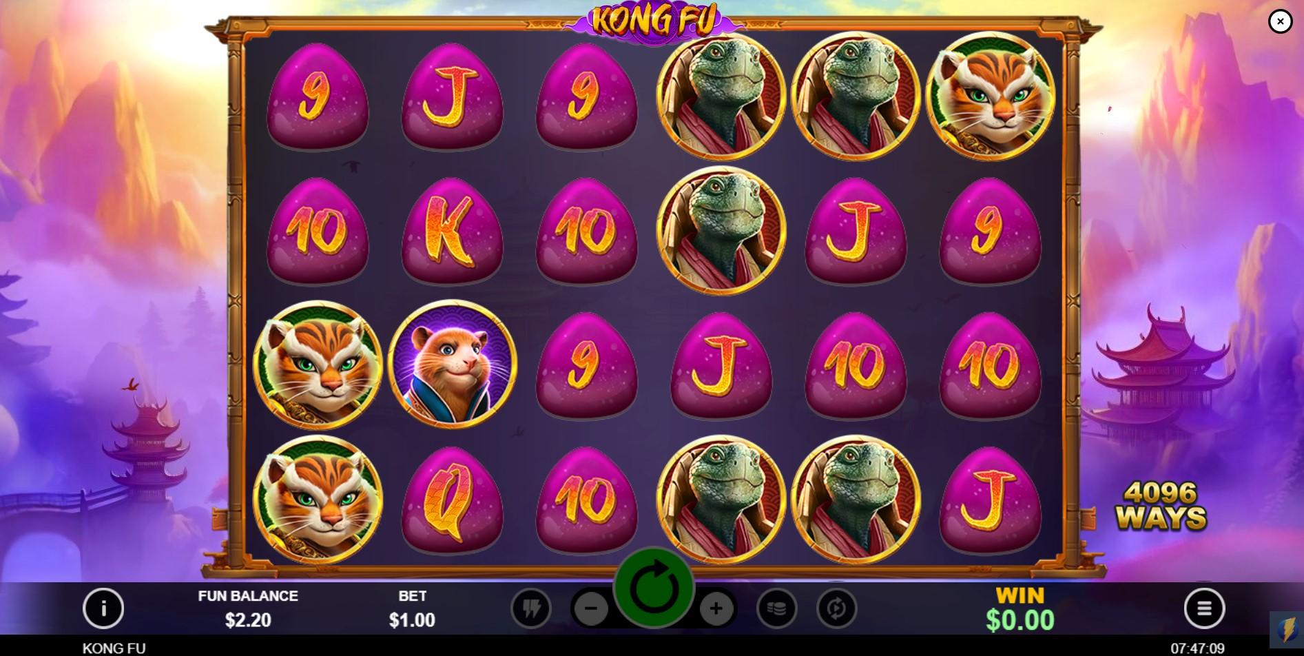 The 6x4 game grid of the Kong Fu slot, showing the animal martial arts symbols and the 4,096 ways to win display.