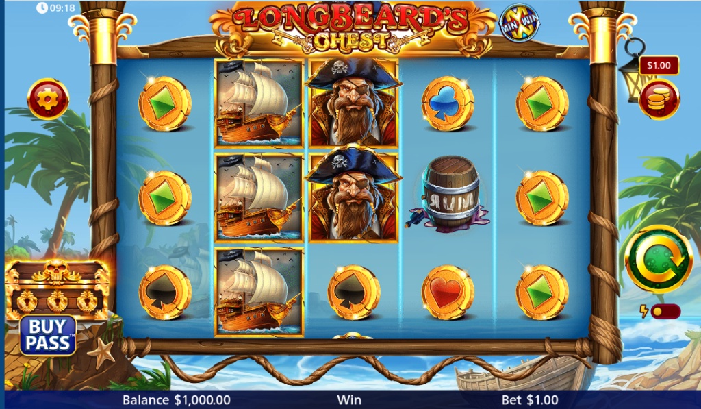 Longbeard's Chest slot base game interface showing 5x3 grid, pirate ship symbols, and user controls on a tropical background.