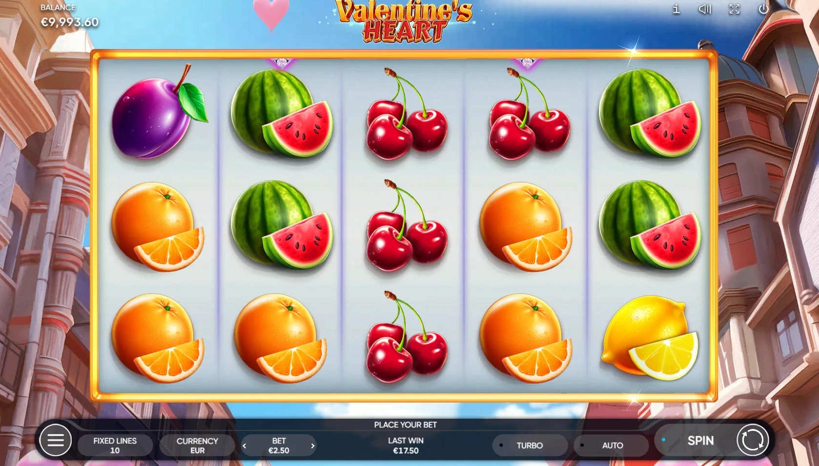 The 5x3 game grid of the Valentine's Heart slot, showing a variety of fruit symbols and the user interface for placing a bet in the demo version.