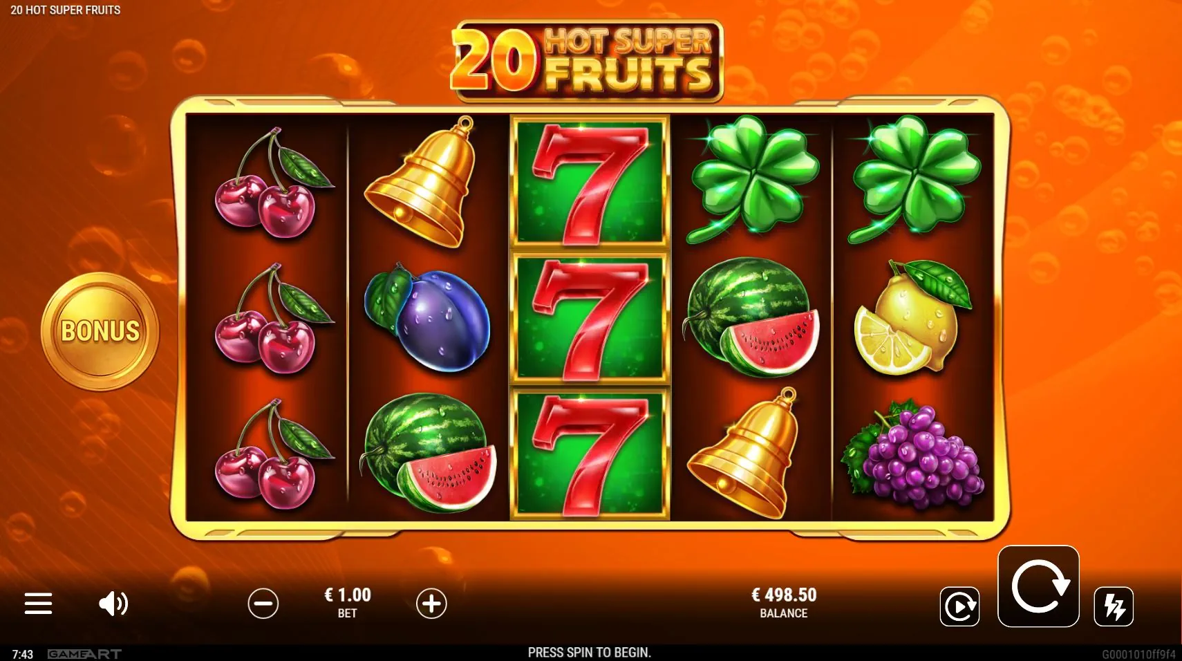 The 5x3 game grid of the 20 Hot Super Fruits slot in the base game, showing classic fruit symbols and the user interface for player orientation.