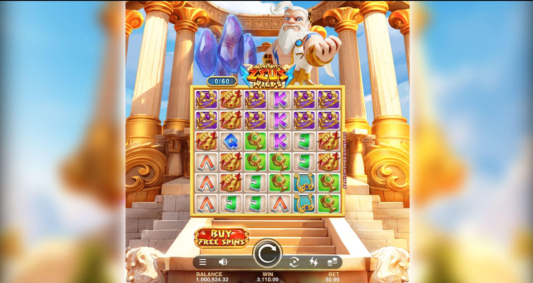 The 6x5 grid of the Almighty Zeus Wilds slot, showcasing the Mount Olympus theme and the Crystal Meter at the start of a spin.