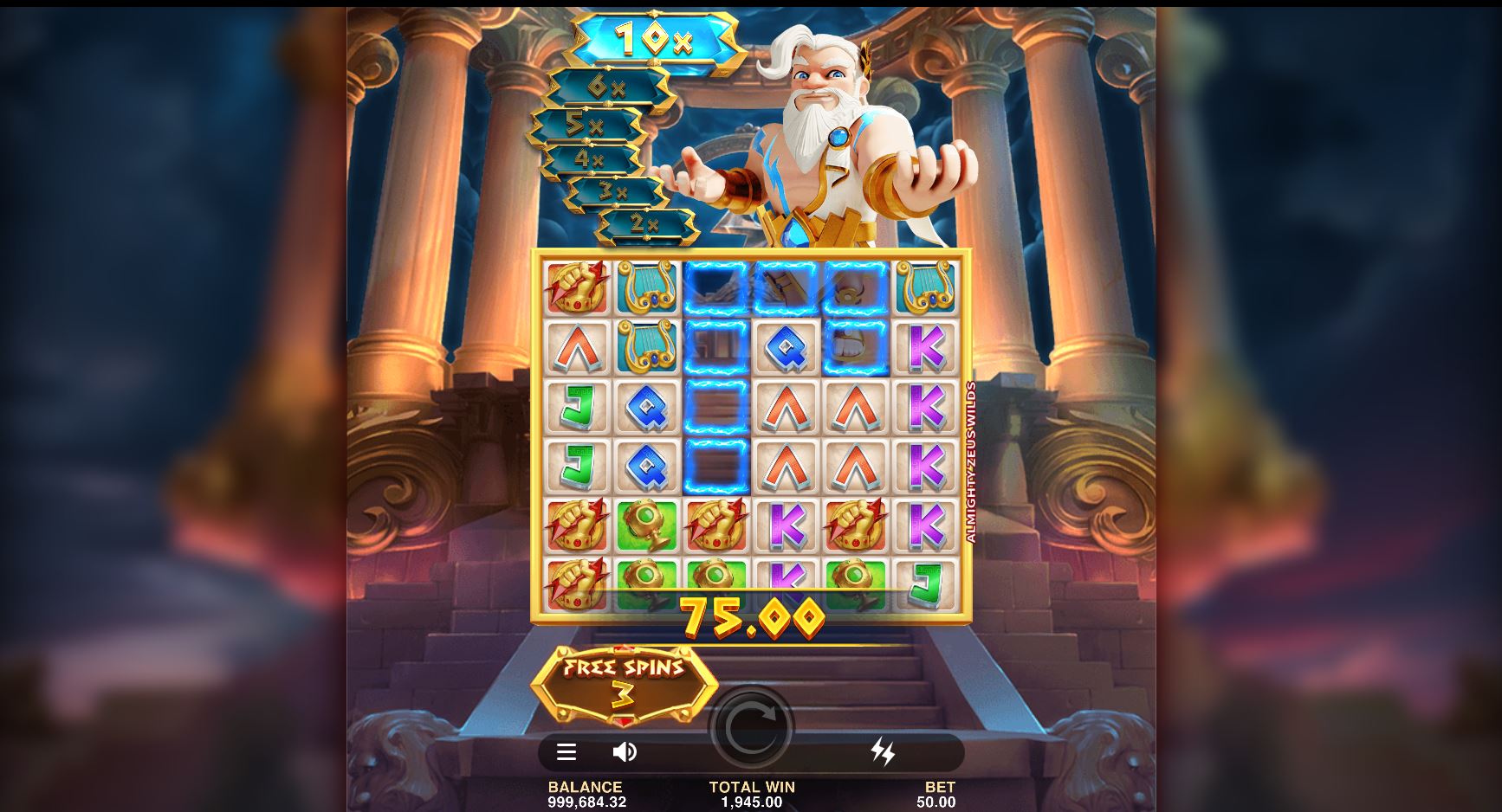 A big win during the Free Spins round of Almighty Zeus Wilds, with the Multiplier Trail showing a high active multiplier.