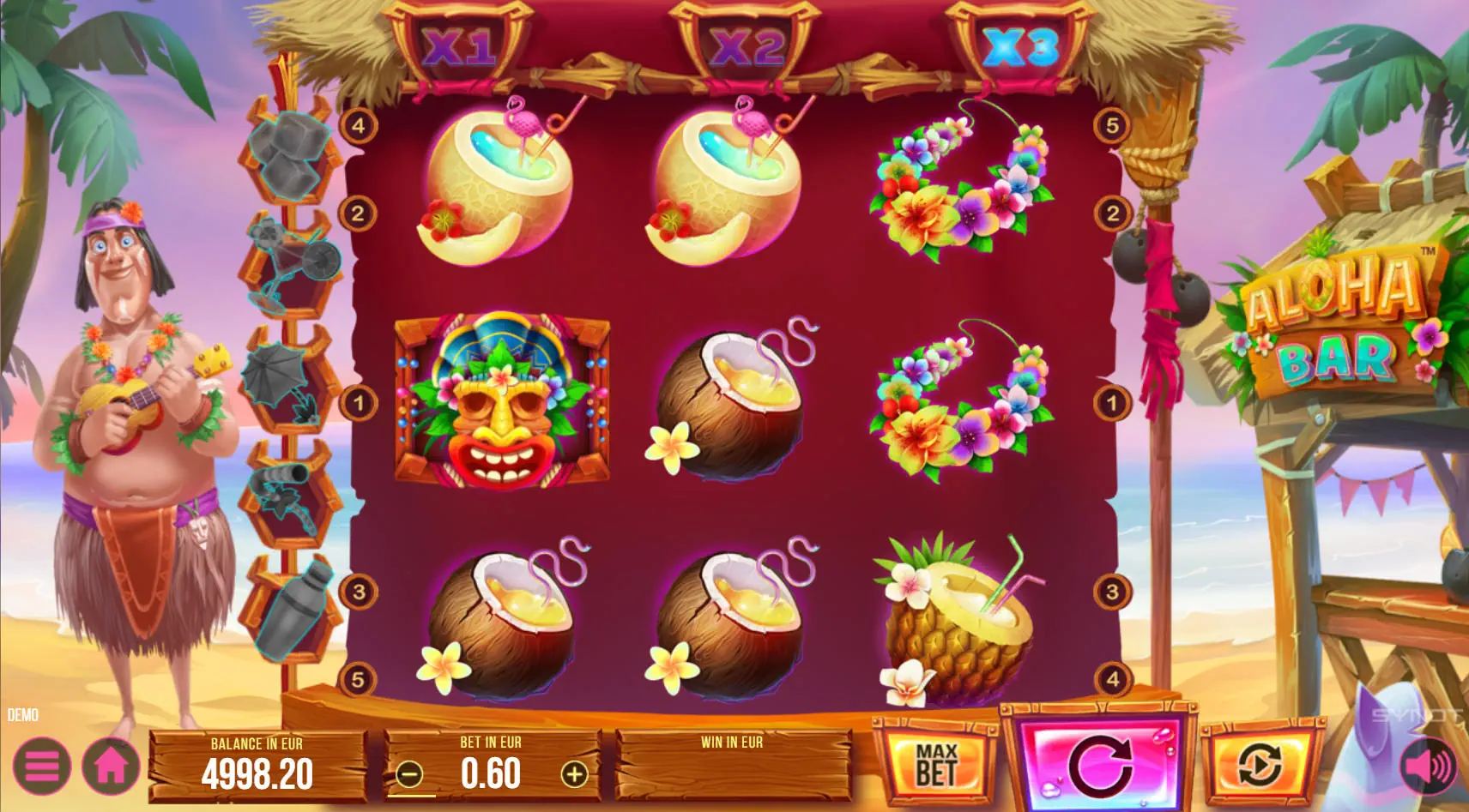 The 3x3 reel layout of the Aloha Bar slot in the base game, showing the Hawaiian bartender character and the collection symbol meter on the left.