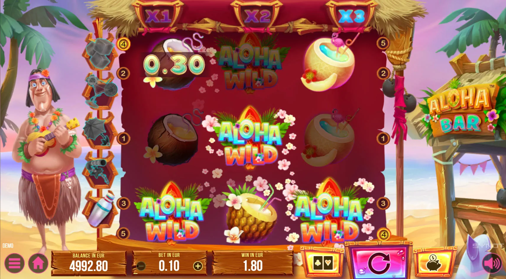 A significant win in the Aloha Bar slot featuring the 'Aloha Wild' symbol on a payline with the x3 multiplier activated, boosting the total payout.