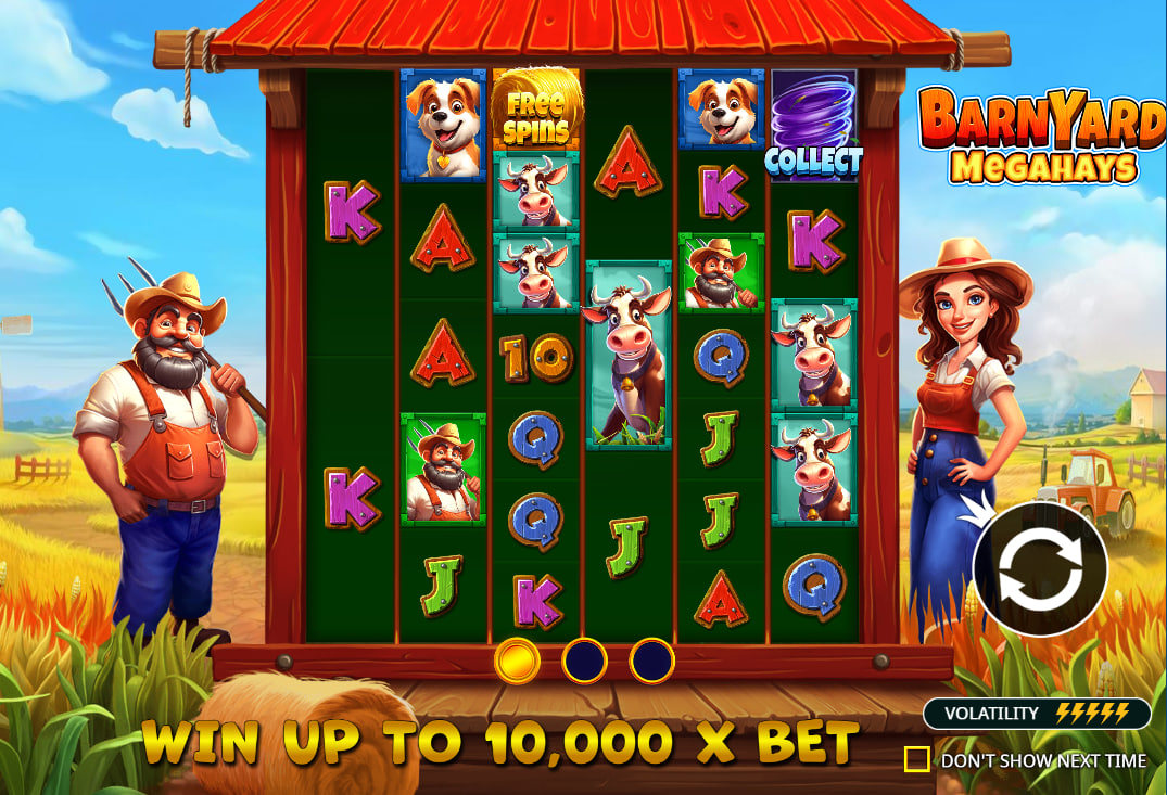 Full 6-reel grid of Barnyard Megahays Megaways slot showing the Farmer symbols and the Megaways counter to help players visualize the maximum win potential.