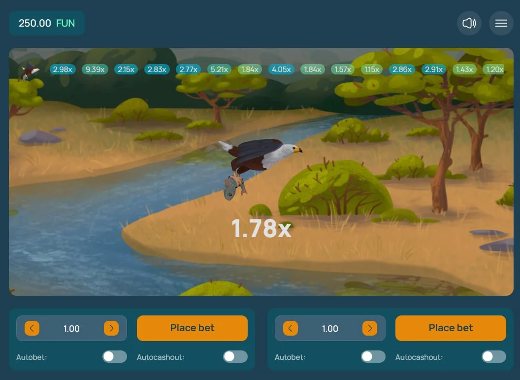 Animated eagle carrying a fish over a savanna with a 1.12x multiplier displayed in the center of the screen during a live round.
