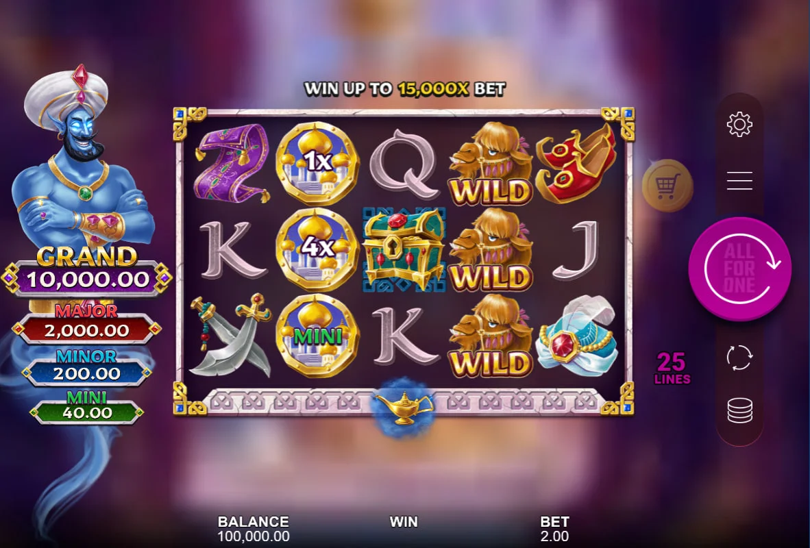 Main screen of Genie’s Link & Win 4Tune slot showing the 5x3 grid and the four fixed jackpots on the left for player orientation.