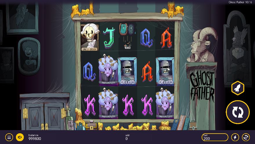 Ghost Father slot base game interface featuring a 5x3 grid with ghost symbols and candle decorations