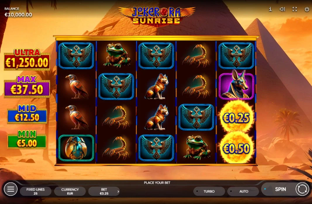 Paytable of Joker Ra Sunrise highlighting the Wild Pharaoh and top-tier Anubis symbols to show potential high-value combinations.
