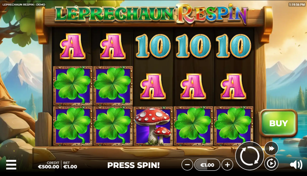 A standard base game spin on the Leprechaun Respin slot grid showing card symbols and payline interfaces for tracking basic round results.