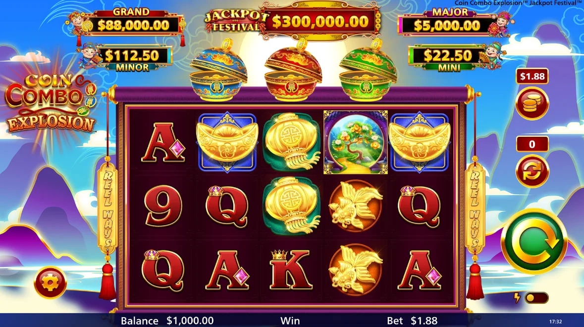 Main screen of Coin Combo Explosion Jackpot Festival slot showing the three element bowls and five progressive jackpot displays.