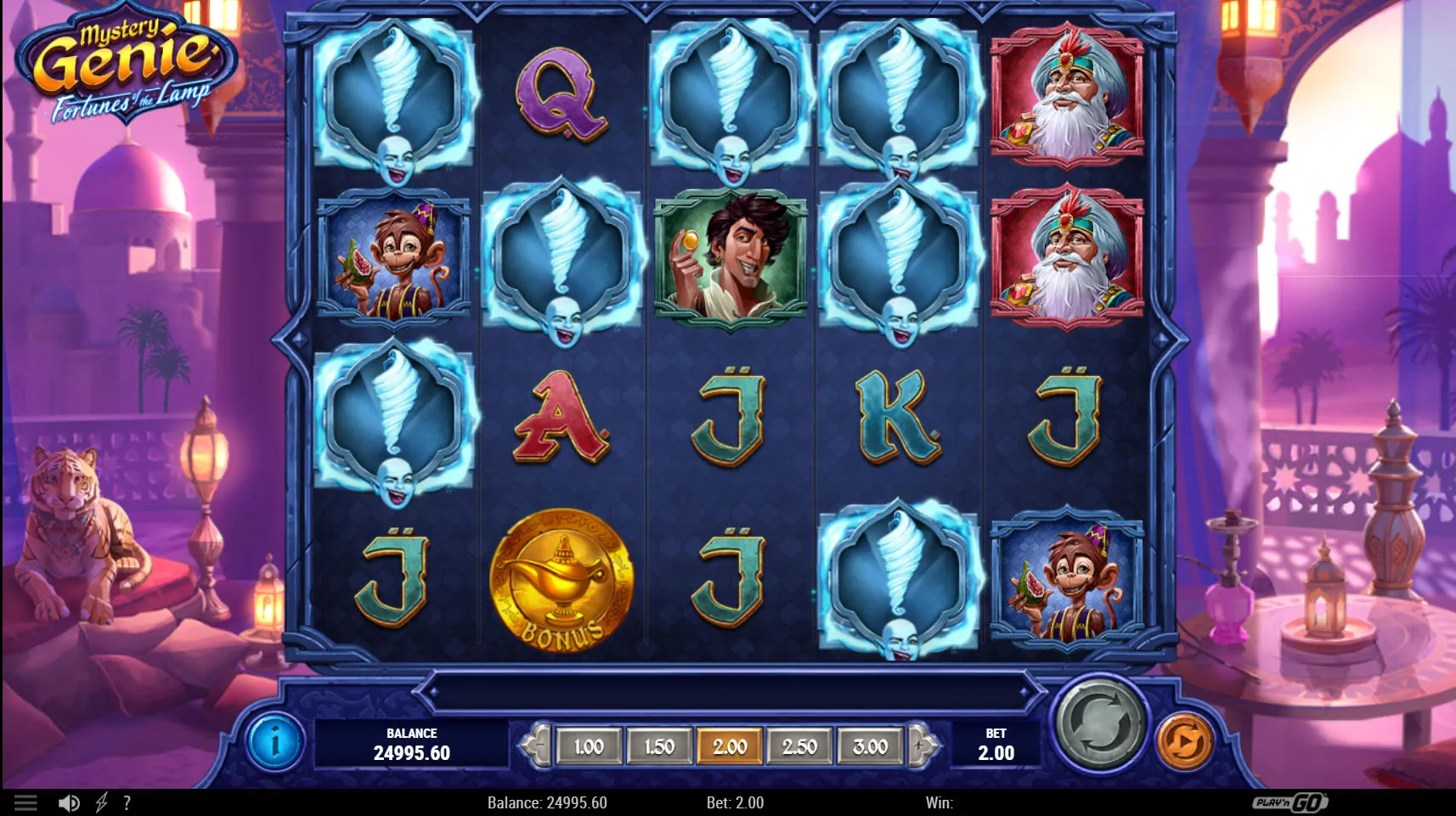 The base game reels of Mystery Genie Fortunes of the Lamp showing several blue Mystery Symbols, creating anticipation for the upcoming reveal.
