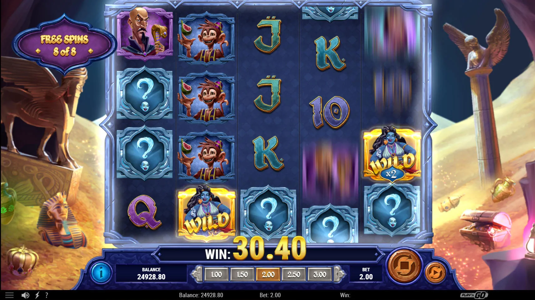 The Free Spins bonus round in Mystery Genie with multiple sticky multiplier wilds locked on the reels, setting up significant win potential.