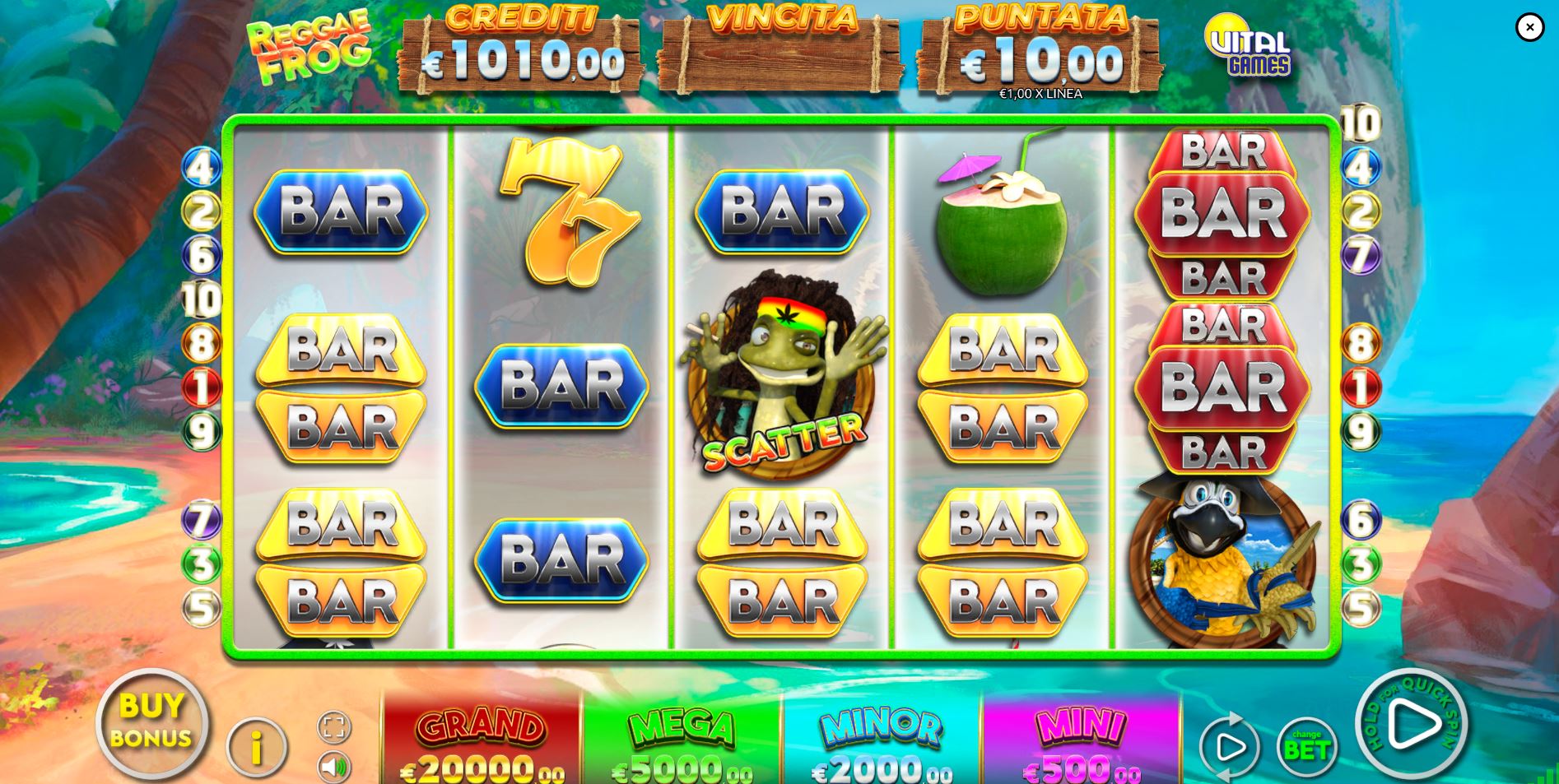 The 5x3 reel layout of the Reggae Frog slot, showing the game's colorful symbols on a beach background.