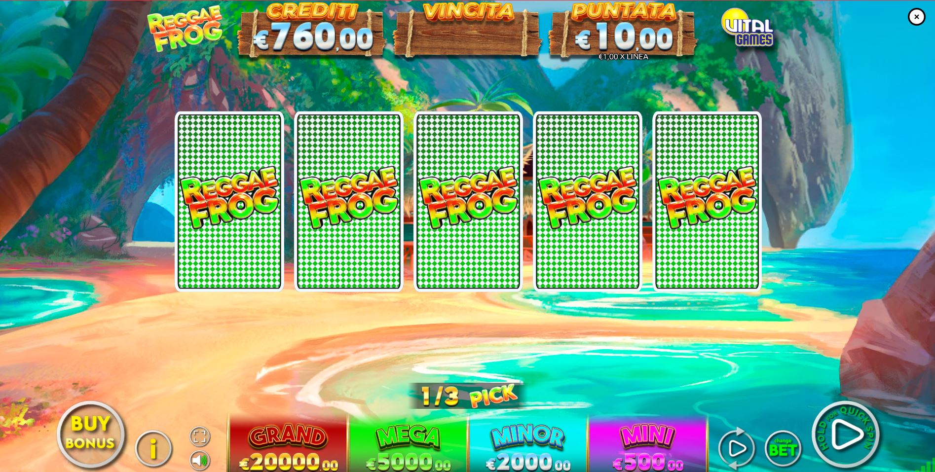 The start of the Bonus Carte feature in Reggae Frog, with five face-down cards ready for the player to pick.