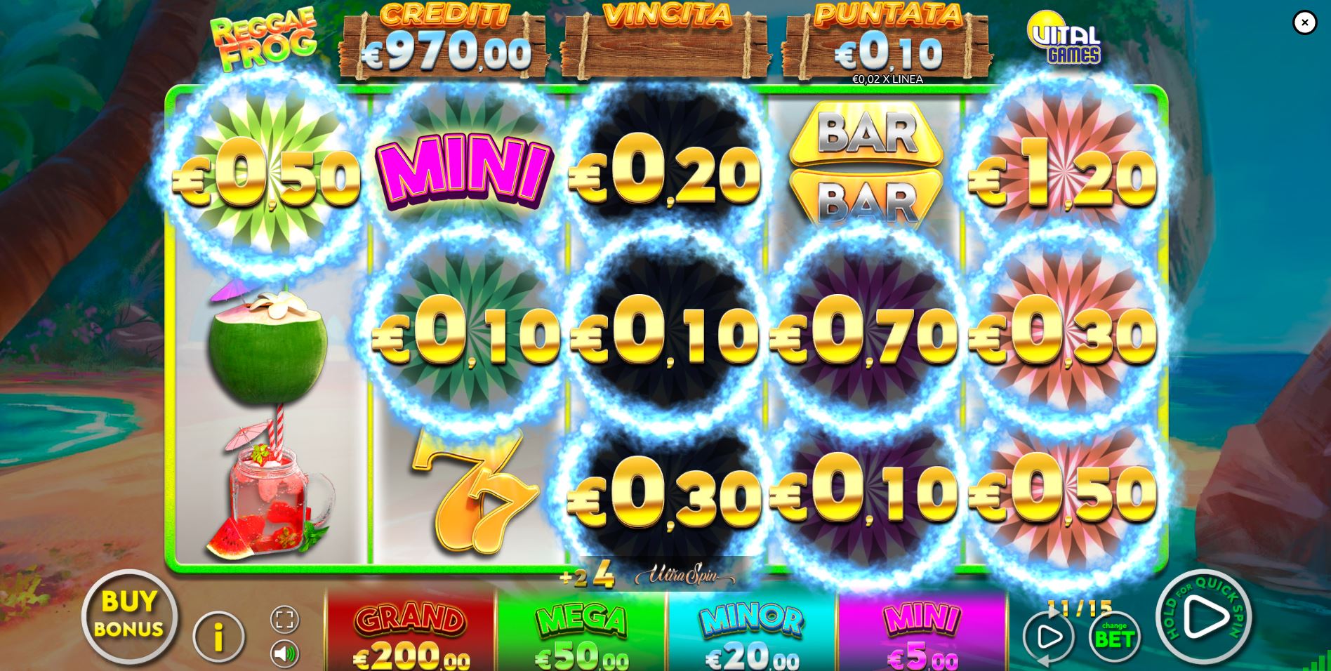 The Ultra Link Hold & Respin feature in action, with several blue diamond symbols locked on the reels.