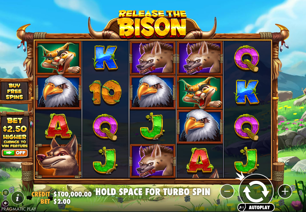 Main 5x4 slot grid of Release the Bison during a standard base spin highlighting animal symbols and betting interface elements for tracking stakes.