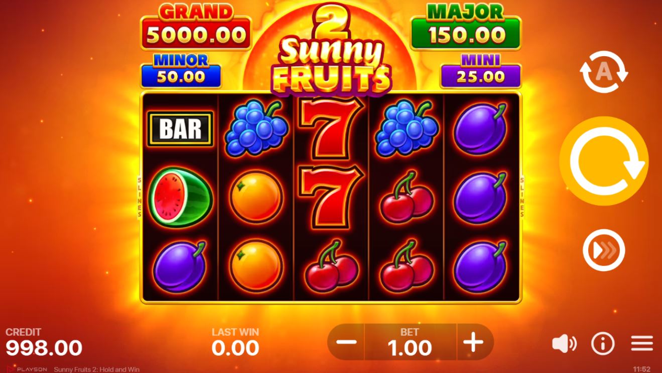 The main game grid of Sunny Fruits 2: Hold and Win, showing the 5x3 reel layout and classic fruit symbols.