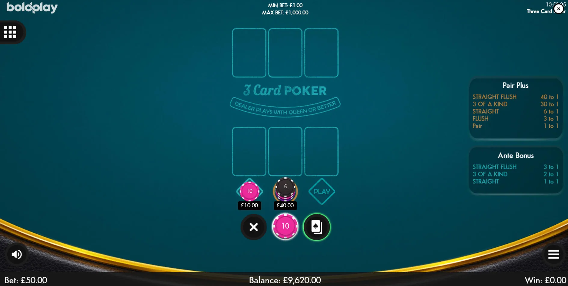 A player placing both an Ante bet and a Pair Plus side bet in Three Card Poker, showcasing the dual-betting system before the cards are revealed.