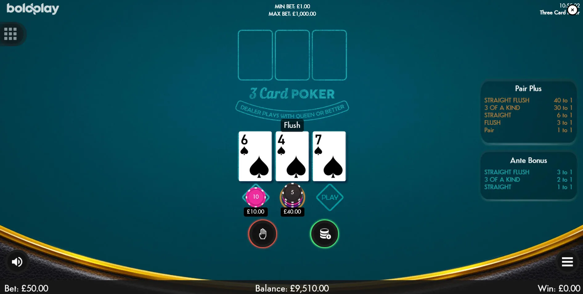 A player's strong hand, a Flush, in Three Card Poker, prompting a 'Play' bet to challenge the dealer for the main pot.