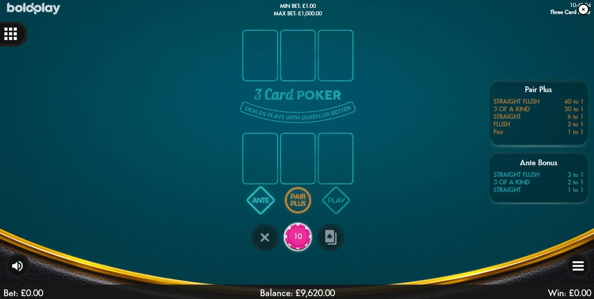 The table layout for Boldplay's Three Card Poker, showing the Ante, Pair Plus, and Play betting spots before a hand is dealt, illustrating the game's clean interface.