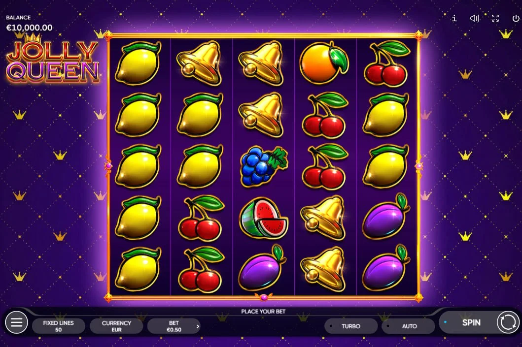Jolly Queen slot 5x3 reel grid with 50 paylines highlighting the royal theme for player orientation