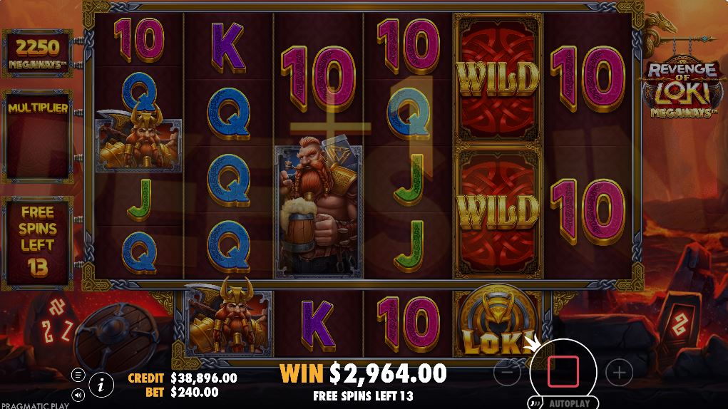 Gameplay inside the fiery free spins round of Revenge of Loki Megaways, showing a full reel of wild symbols created by Loki.