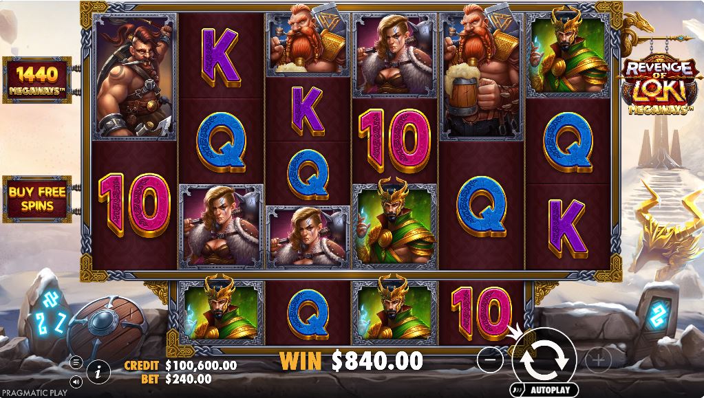 The main game grid of Revenge of Loki Megaways, showcasing the Norse mythology theme and the dynamic reel layout.