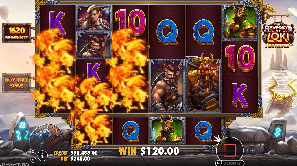 A large win sequence during the Tumble Feature in Revenge of Loki Megaways, with multiple winning combinations on screen.