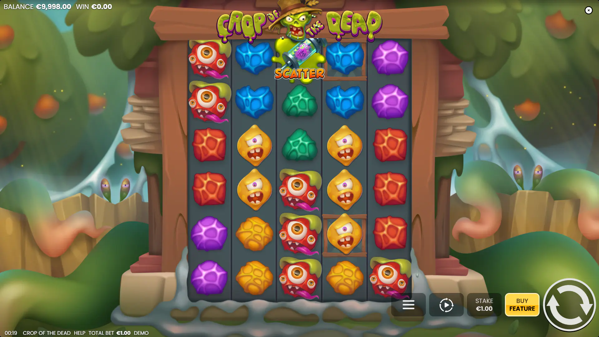 A 5x6 grid showing decaying fruit and vegetable monster symbols in the base game.