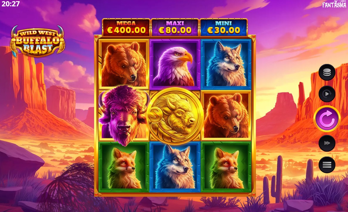 The 3x3 reel layout of Wild West Buffalo Blast during the base game, set against a vibrant canyon backdrop.