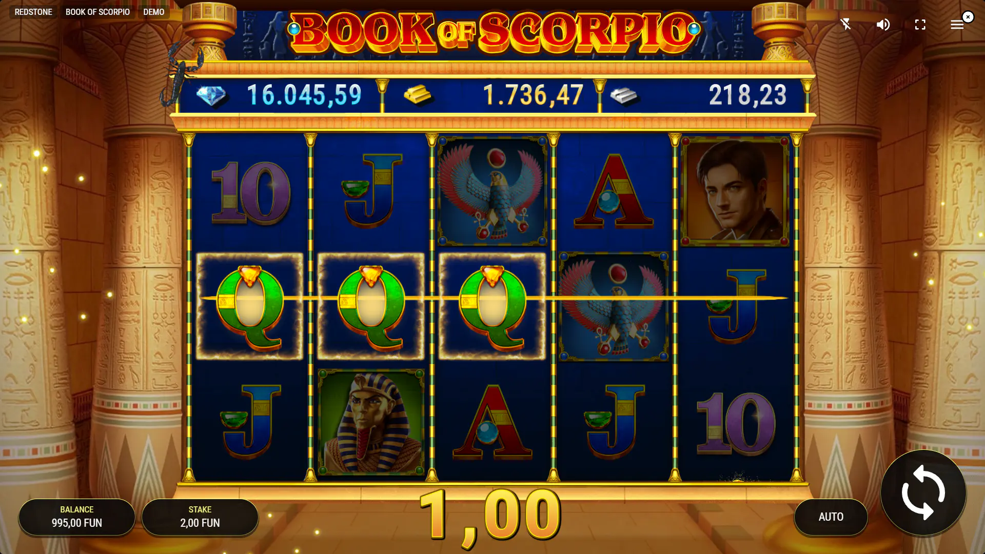 Book of Scorpio slot base game grid showing the Archaeologist symbol on a 5x3 layout