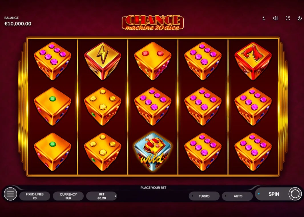 Full 5x3 reel grid of Chance Machine 20 Dice showing various colored dice symbols and the top-tier red 7 symbol for a high-value combination.