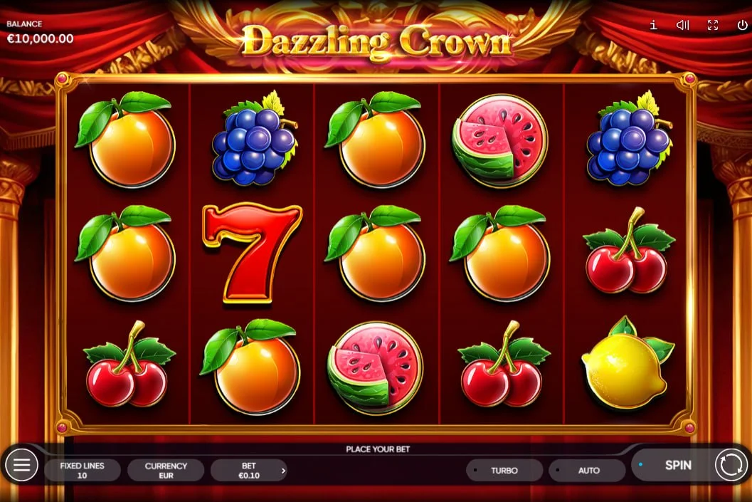 Dazzling Crown slot interface showing the 5x3 reel layout with lucky 7s and fruit symbols for potential high-value combinations.
