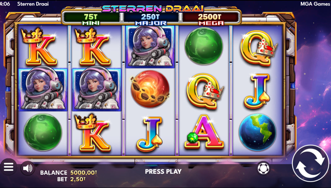 Five reels of Sterren Draai slot showing planetary symbols and card royals in the vacuum of space for base game payouts.
