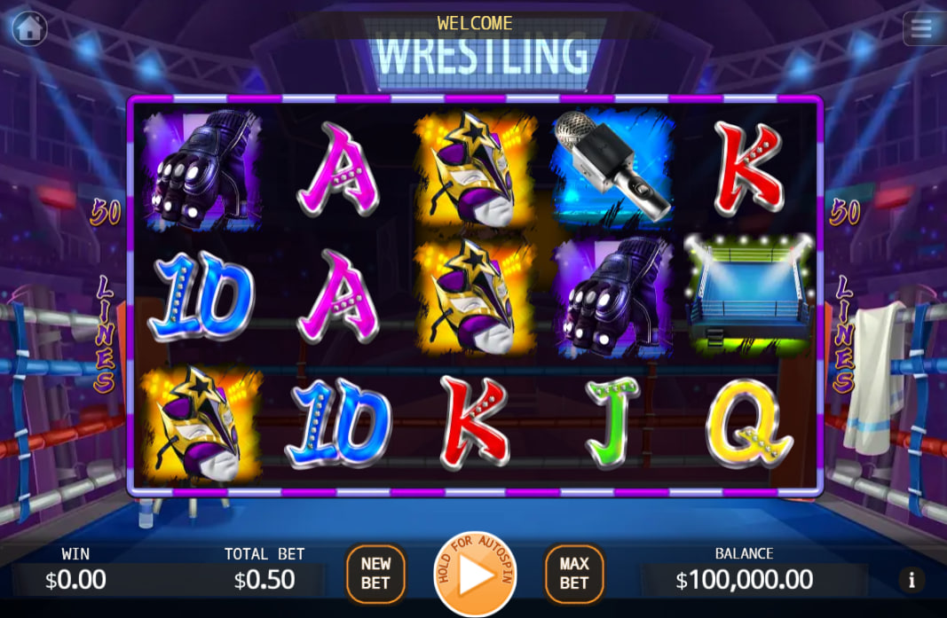Wrestling Queen slot main grid showing 50 paylines and wrestling themed symbols for player payout analysis