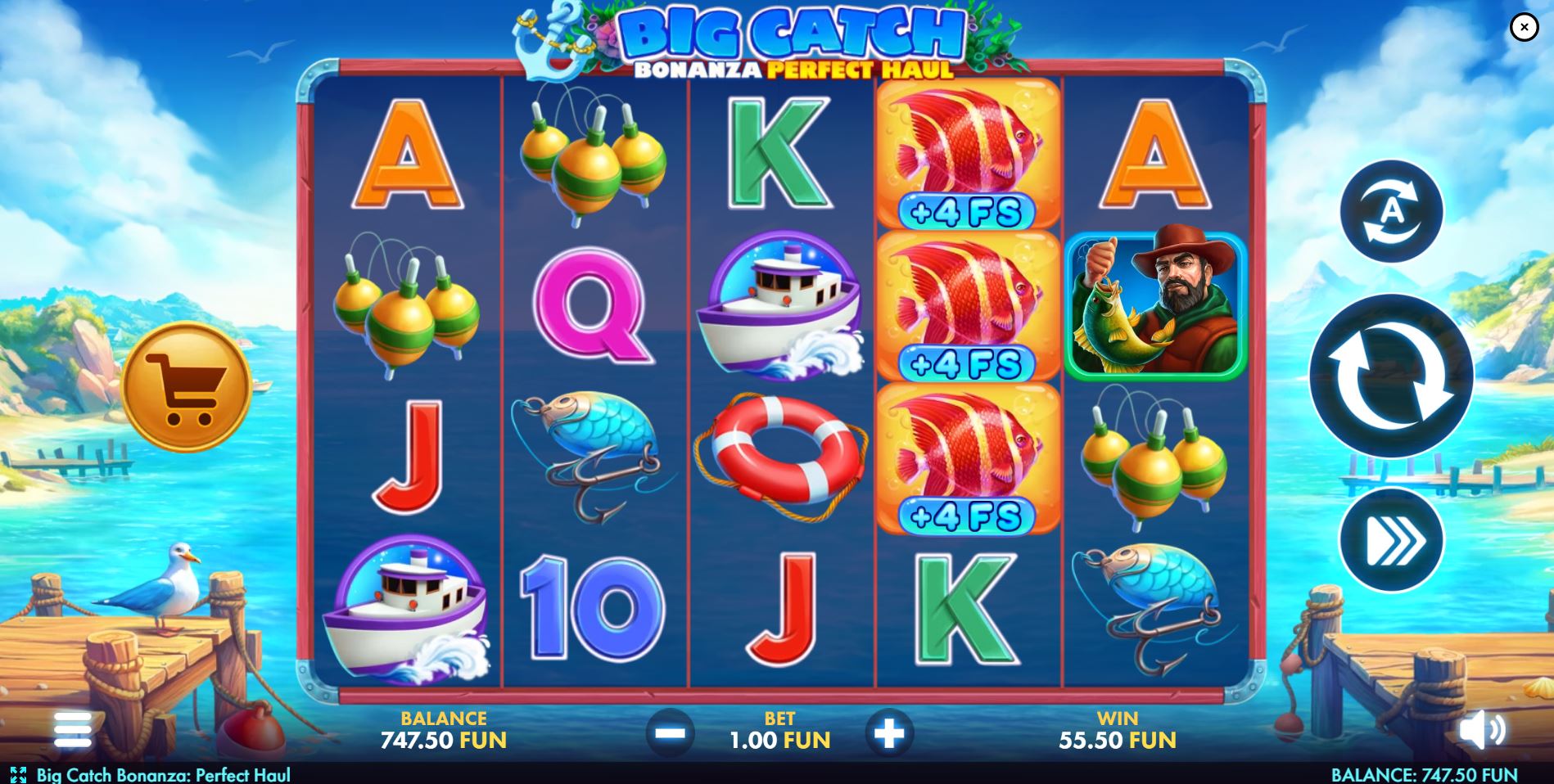The main game screen of Big Catch Bonanza: Perfect Haul, showing the 5x4 reel layout set against a sunny pier backdrop.