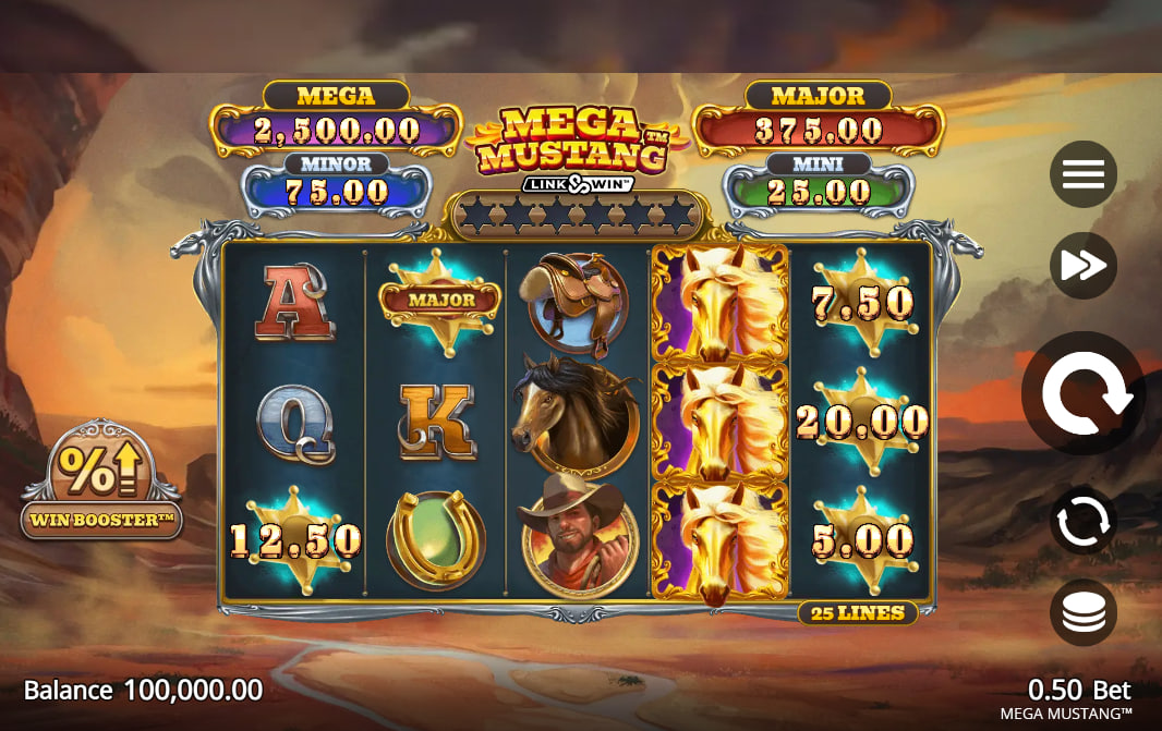 Mega Mustang slot main base game interface displaying five reels filled with golden horse stacked wilds and fixed jackpot values at the top.