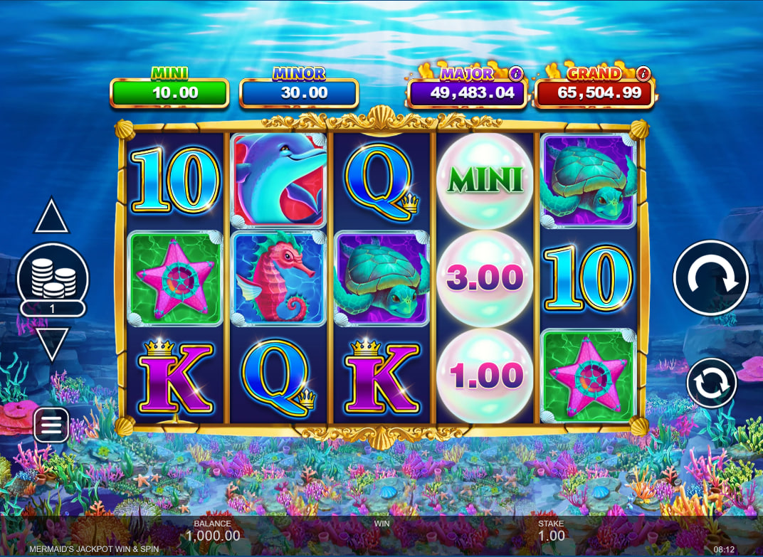 Mermaid’s Jackpot Win & Spin 5x3 slot grid with progressive jackpots displayed above the reels for player tracking
