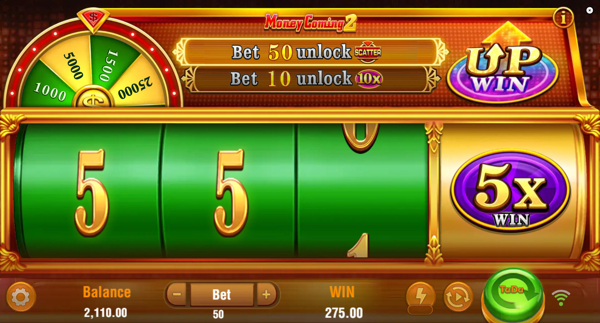 A significant win in Money Coming 2 where a 55 credit payout is boosted by a 5x multiplier, illustrating the power of the Special Reel.