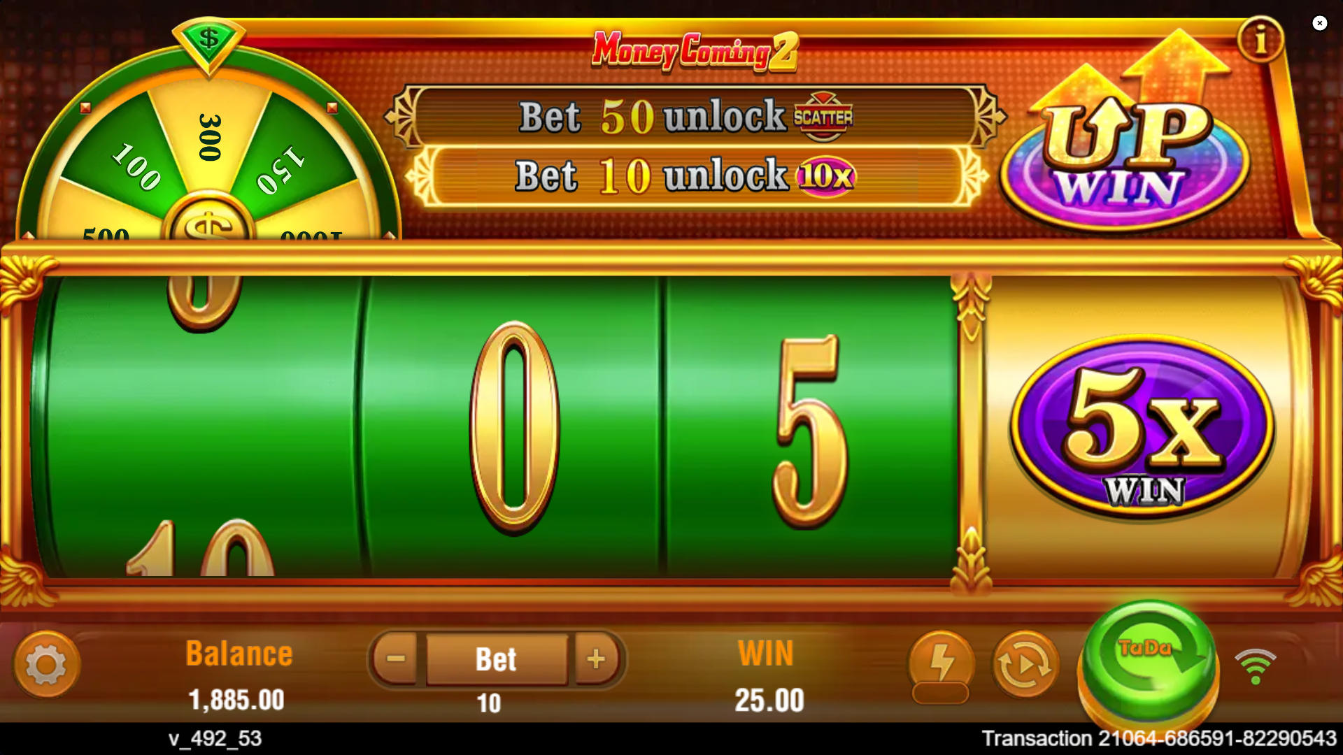 The main game screen of Money Coming 2 slot with a 1.00 bet, showing the numerical reels and the 5x multiplier active on the Special Reel.