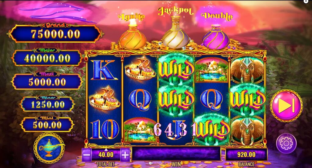 Mystery of the Lamp Treasure Oasis slot base game with reels, symbols, and collection Jars.