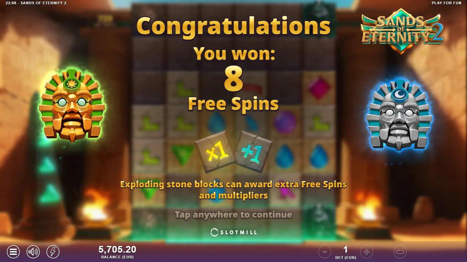 Triggering the 8 Free Spins in Sands of Eternity 2, showing the new, darker bonus round environment, which is a key visual upgrade.
