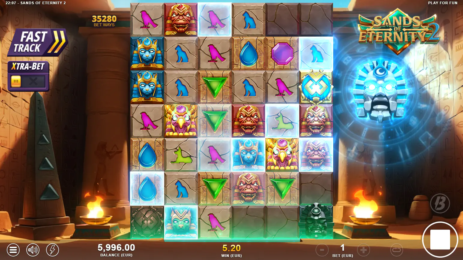 The Shift of Thoth corner feature activating in Sands of Eternity 2, transforming multiple symbols into one type to create a new winning combination.