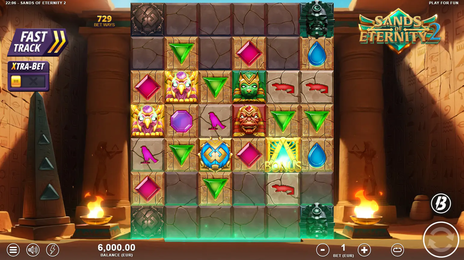 The starting 6x3 grid in Sands of Eternity 2, showing the updated graphics and the Xtra-Bet option, highlighting the game's initial setup for players.