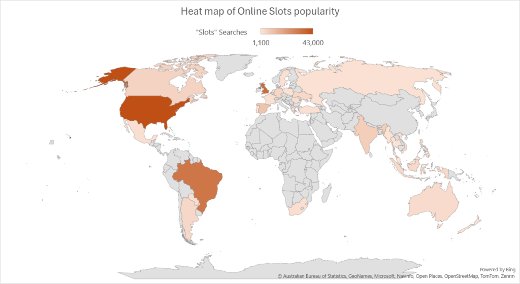 Heat map for online slots popularity worlwide