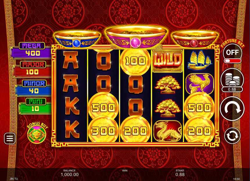 JinTu base game screen with 5x4 reels and jackpot pots, showing the main layout players read on every spin.